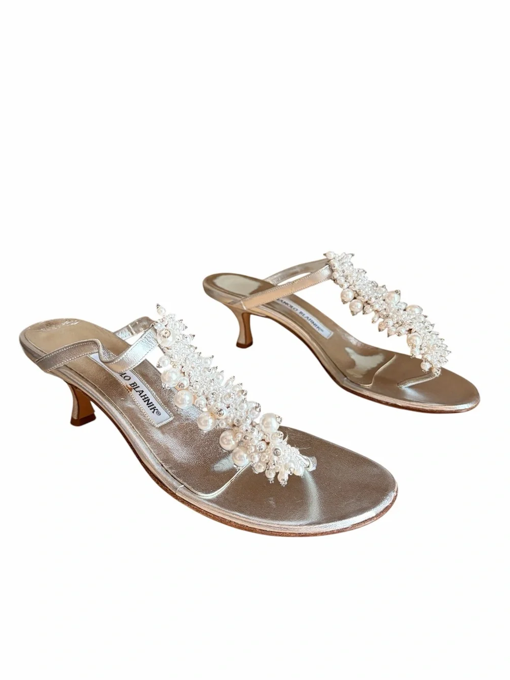 Manolo Blahnik Pearl-Embellished silver Kitten-Heel Sandals Y2K